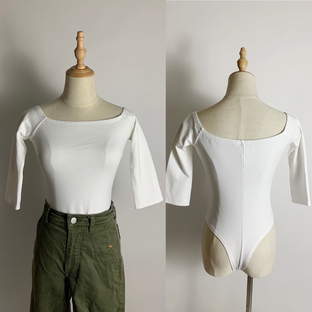 LULUS White 3/4 Sleeve Wide Scoop Neck Bodysuit